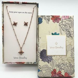 Vera Bradley Rose Gold Pink Sparkling Star Necklace & Earring Set New In Box